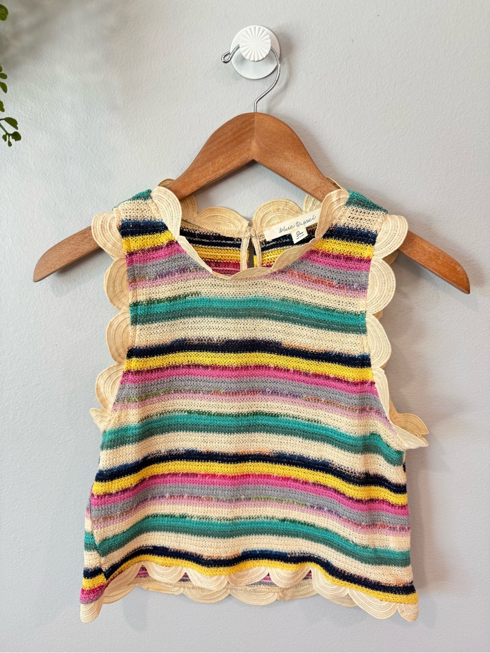 Blue Tassel Multi Colored Striped Crochet Scallop Tank Top Sz Small